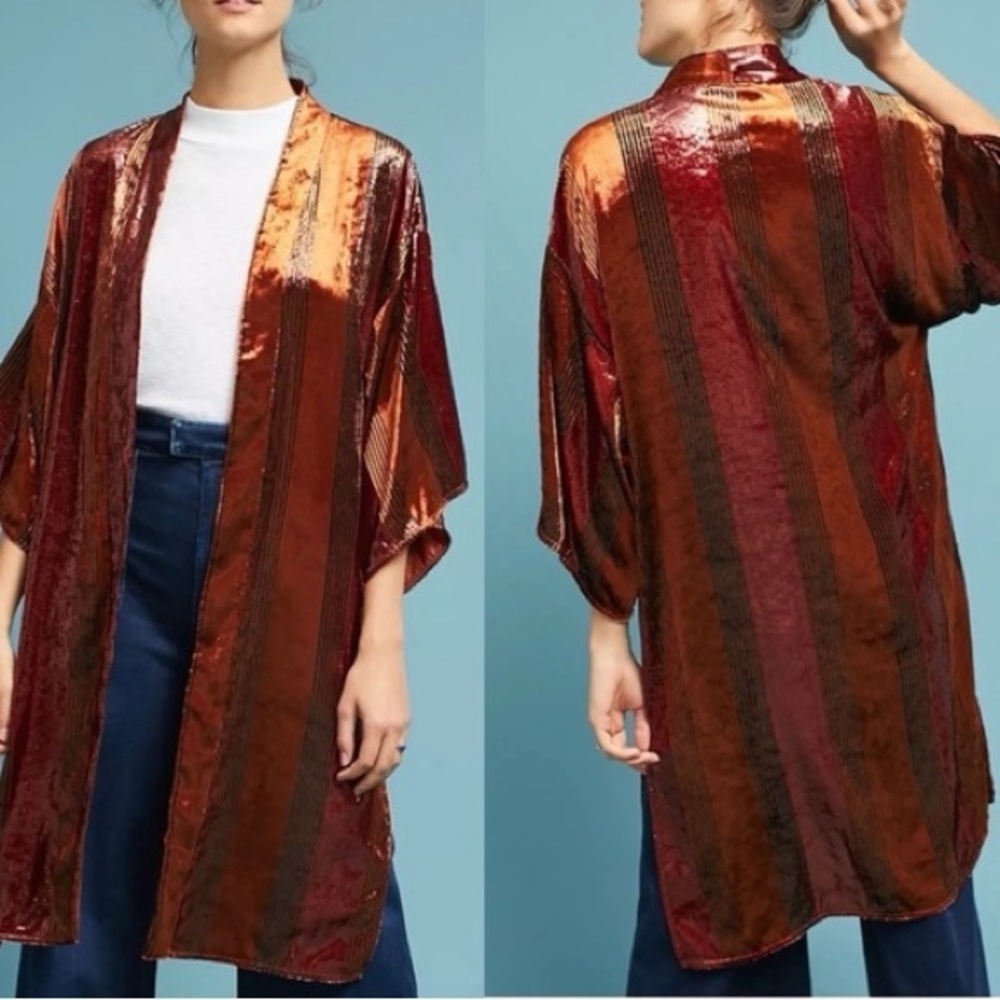 Anthropologie Ett:Twa Bronze Long Line Velvet Kimono Sparkly Jacket Size M/L